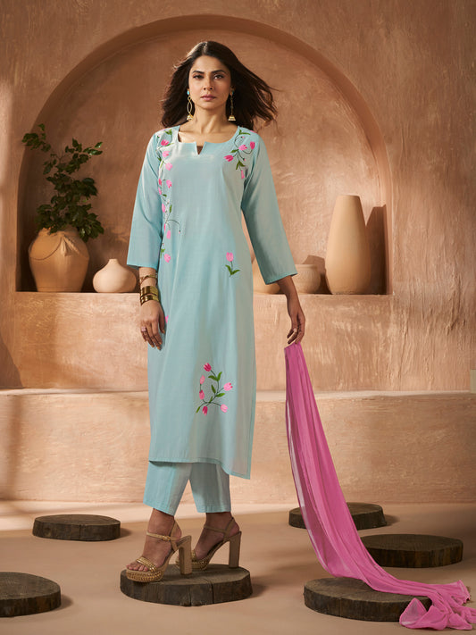 Sky Blue Embroidered Straight Kurta Set With Dupatta.