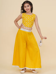 Placement Embroidered Sleeveless Above Knee Length Cotton Top With Palazzo - Yellow