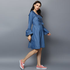 Women's Denim Draw String and Bell Sleeve Dress