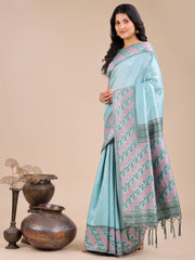Radiant Sky Blue Silk Saree with Pink & Blue Floral Pattern – Perfect for Weddings & Festive Glamour