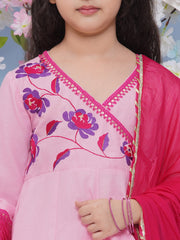 Girls Pink Embroidered Angrakha Kurta with Trousers with dupatta