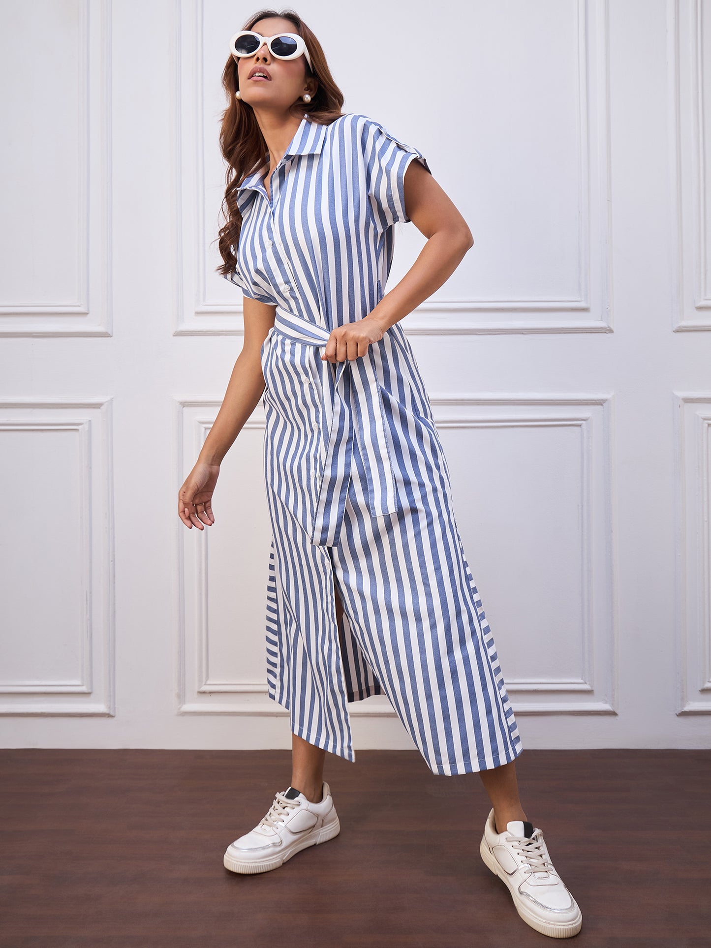 StyleStone Women's Blue Stripe Cotton Maxi Dress