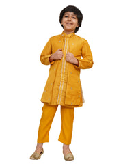 Boys' Mustard Jacket, Kurta and Pyjama Set