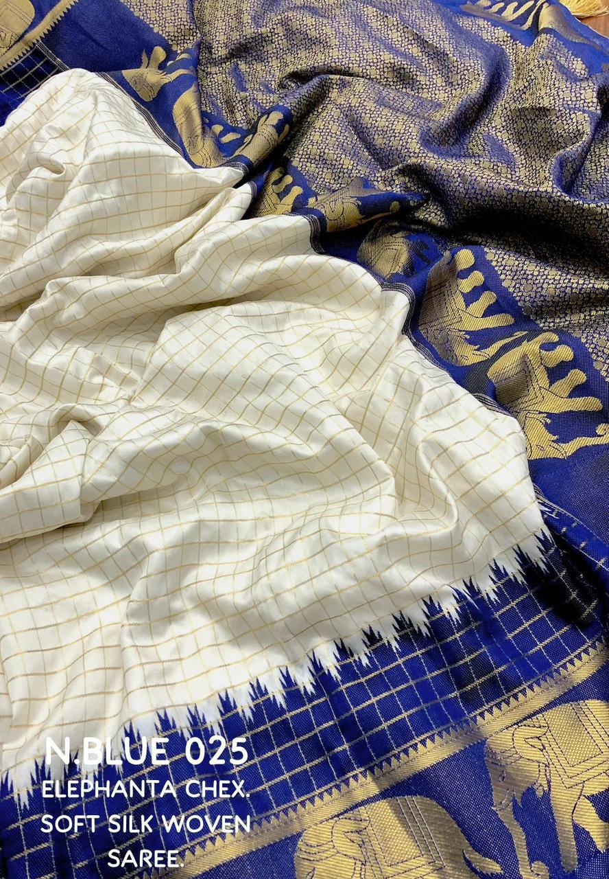 sift silk saree with zari woven chex and with elephant border and rich pallu.Cotton tasslels on pallu.