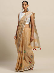 Royal Beige Linen Cotton Saree with Vibrant Floral Zari Border | Premium Festive & Party Collection