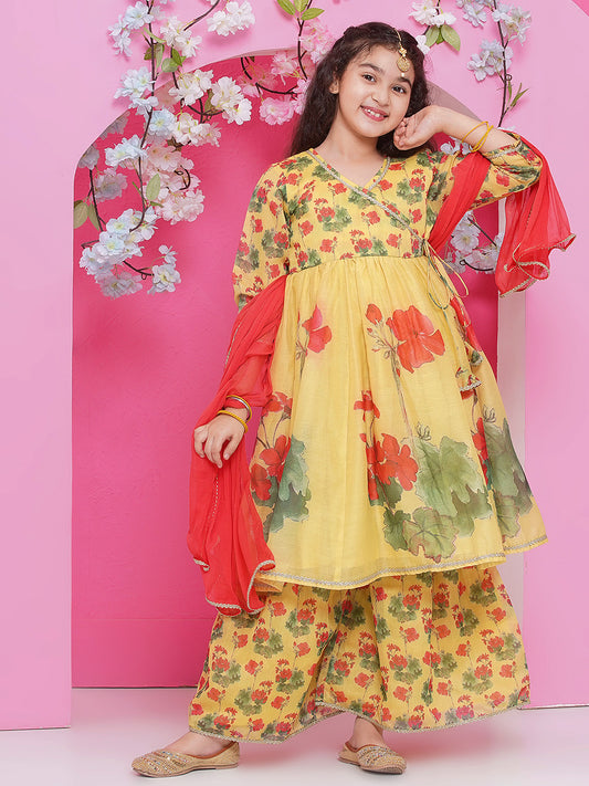 Girls Yellow Floral Printed Angrakha Kurta with Sharara with dupatta