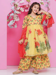 Girls Yellow Floral Printed Angrakha Kurta with Sharara with dupatta