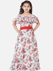 Silk Woven Half Sleeves Flower Print Flared Frock - Offwhite