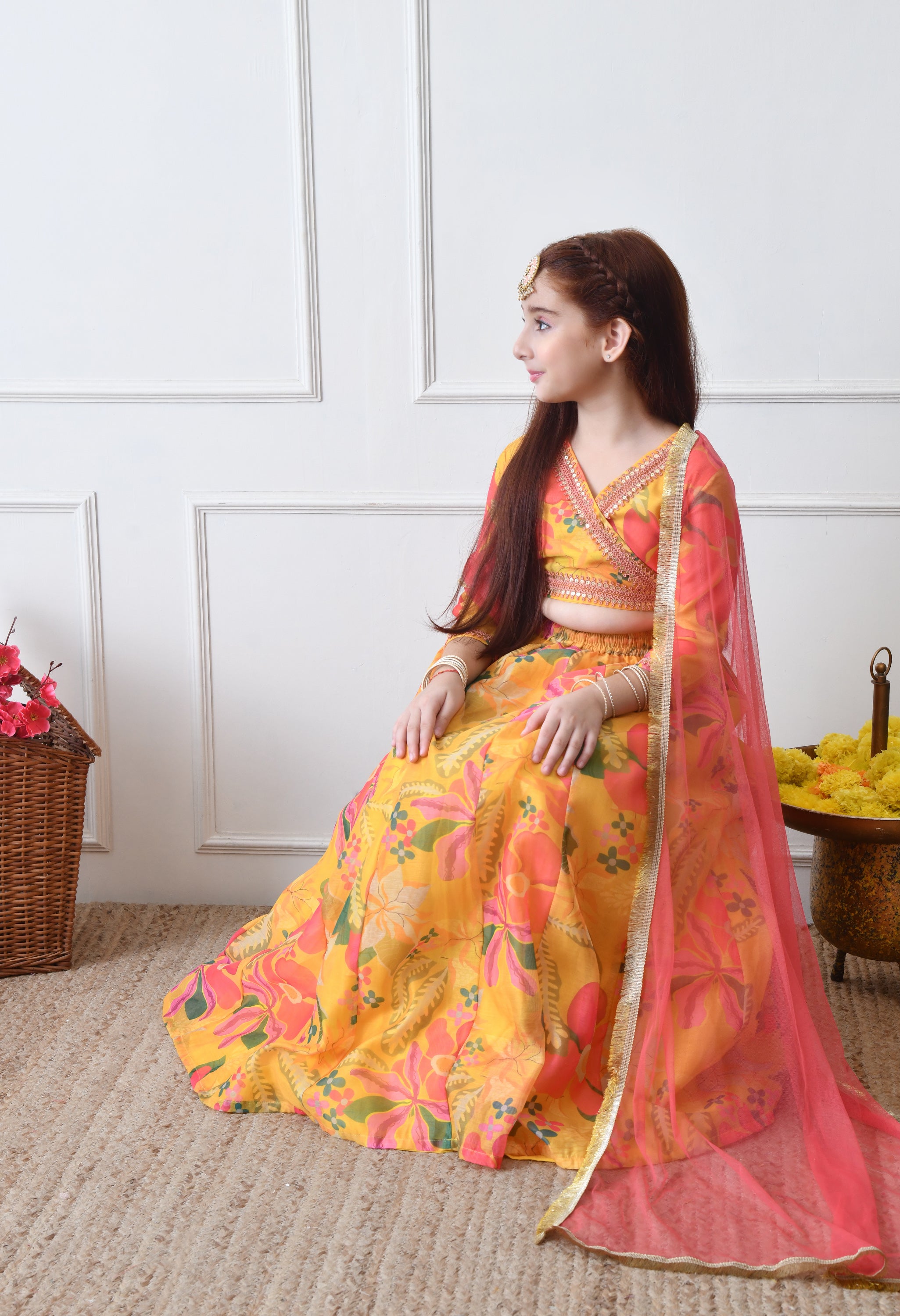 Girls Yellow Floral Printed Lehenga Set with Dupatta