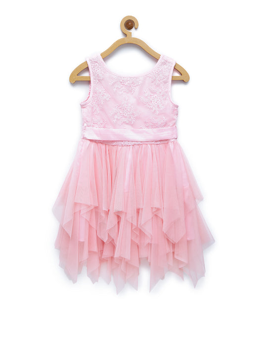 Girls Pink Asymmetrical Hemline Lace and Net Tiered Dress
