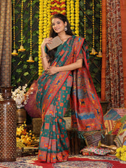Off White Linen Cotton Saree with Multicolor Ethnic Print – Soft & Lightweight Saree for Festive, Daily, and Office Wear