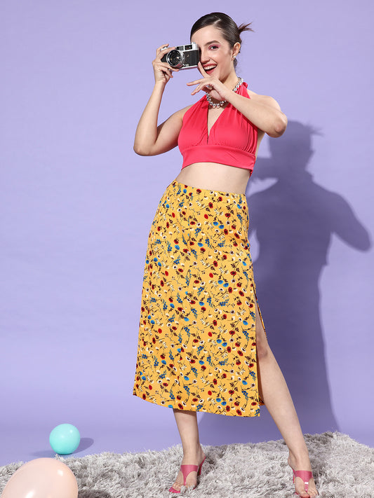 Women's Floral Slit Midi Skirt- Yellow