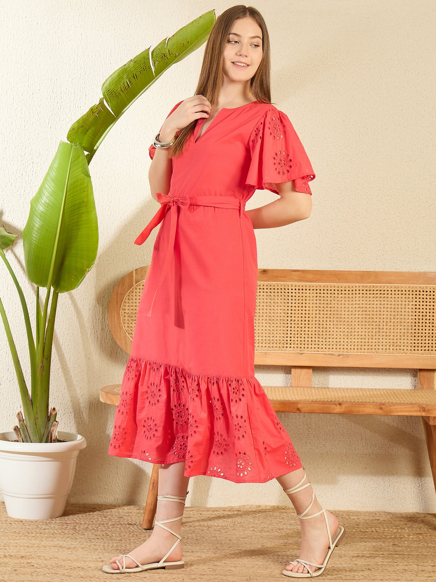Women's Red Cotton Schiffli Maxi Dress