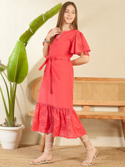 Women's Red Cotton Schiffli Maxi Dress