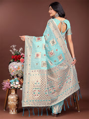 Elegant Sky Blue Linen Saree with Intricate Woven Patterns – Lightweight Grace for Everyday and Festive Moments