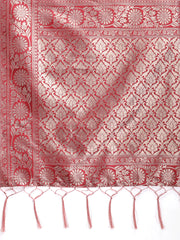 White & Maroon Woven Linen Cotton Saree with Rich Zari Border – Soft Festive Wear Saree for Women