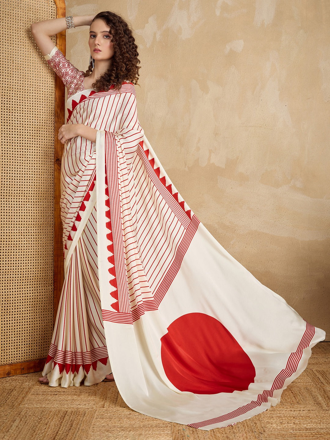 Women's Striped Satin Block Printed Cream Saree