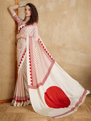 Women's Striped Satin Block Printed Cream Saree