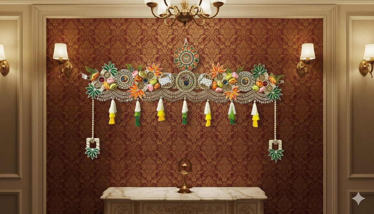 Decorative Handmade Toran Door Valance, Green Orange Floral Design with Kundan, Jarkan & handmade patches Work, Pearl Beading, Tassel Trim, Traditional Indian Style