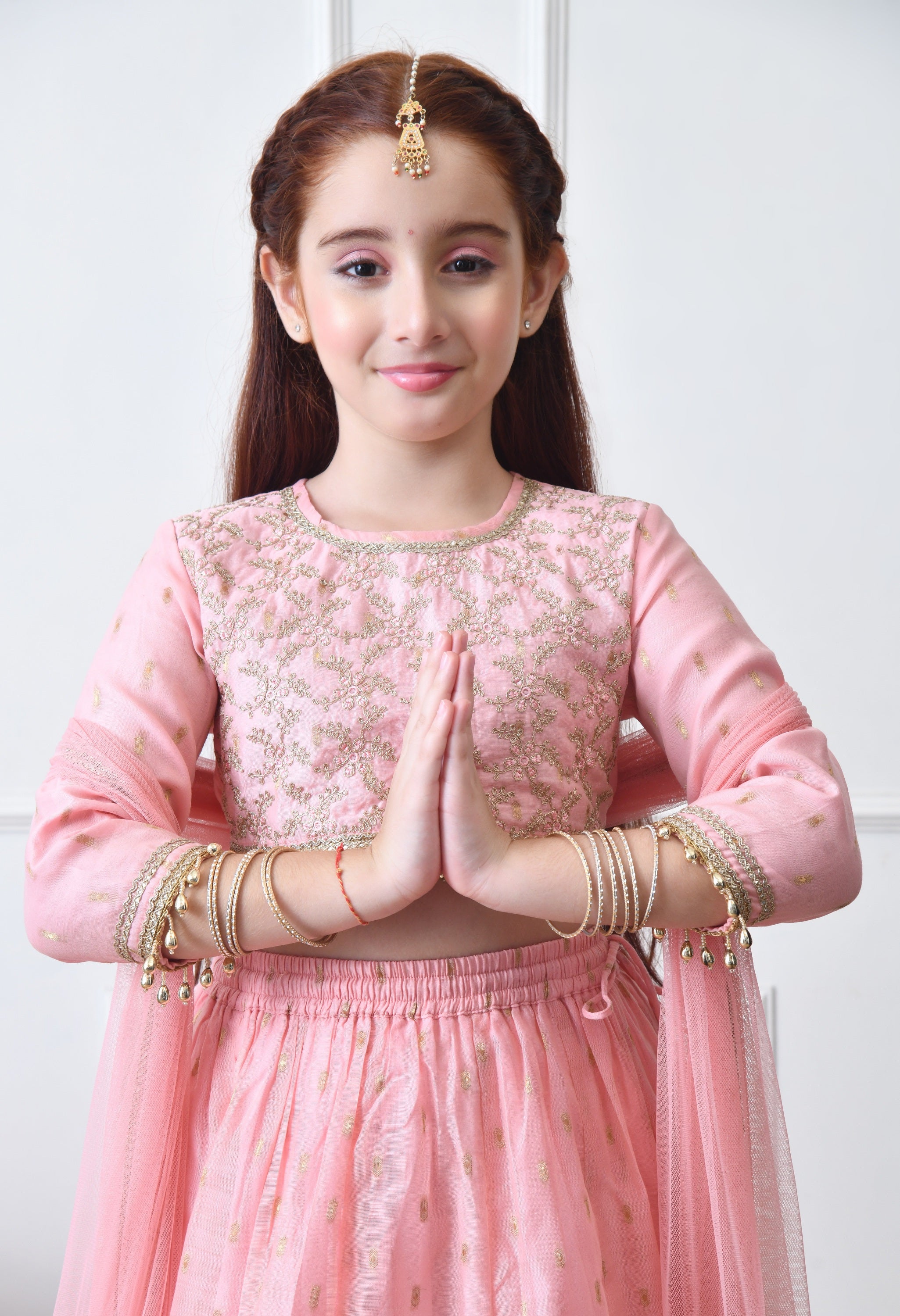 Girls Pink Embroidered Lehenga Choli Set with Net Dupatta