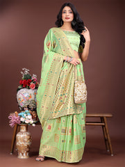 Elegant Sky Blue Linen Saree with Intricate Woven Patterns – Lightweight Grace for Everyday and Festive Moments