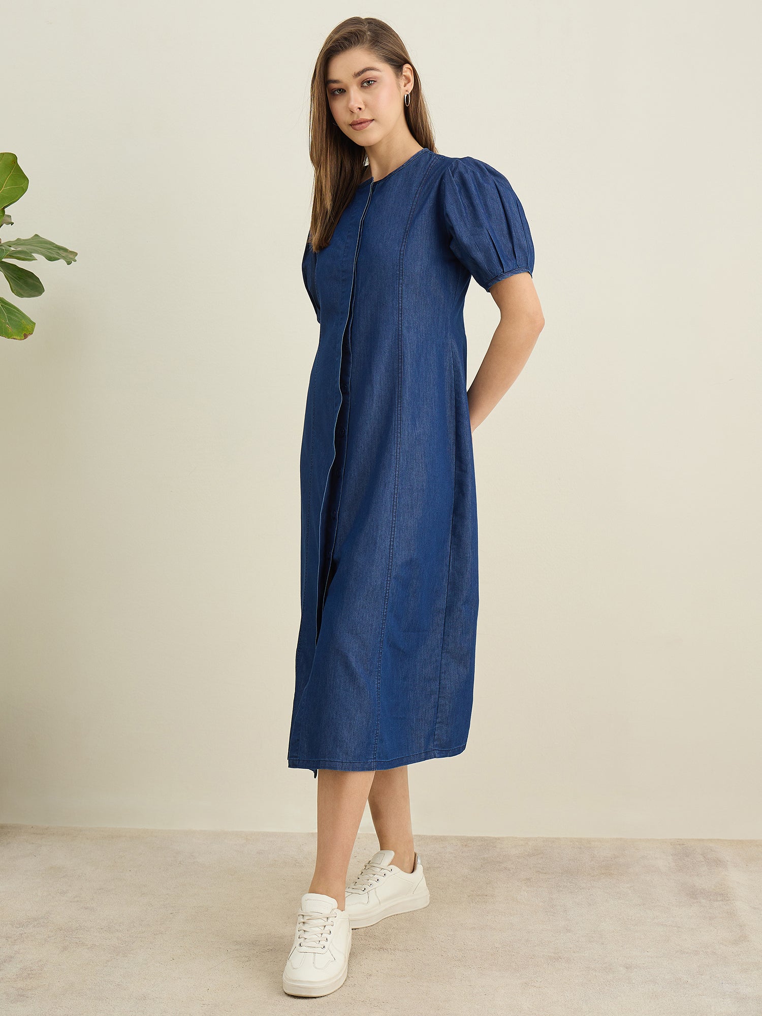 StyleStone Women's Denim Dress with Puff Sleeves