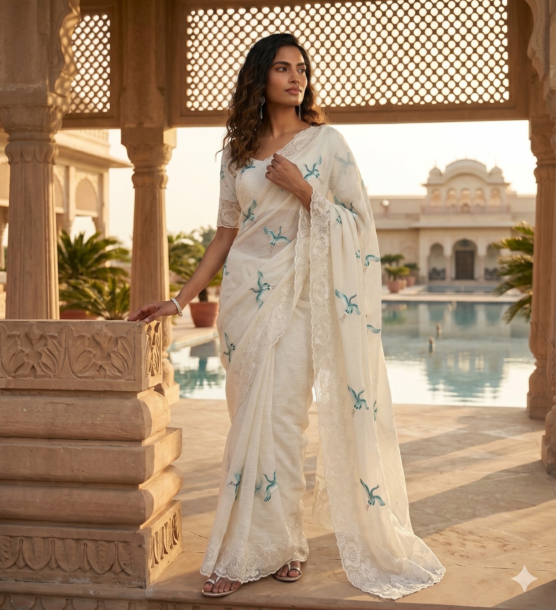 soft bubble crush saree in off white color.Lucknowi style embroidery border with bird emboridary.Pereftly matched net embroidery blouse.