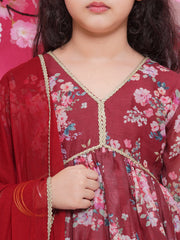 Girls Maroon Floral Printed Alia Design Kurta with Sharara with dupatta