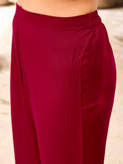 Red color rayon white thread embroidered A line kurta & trouser with dupatta set 