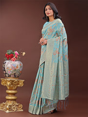 Elegant Orange Linen Cotton Saree with Floral Weave & Soft Gold Pallu – Graceful Choice for Casual, Office & Festive Looks