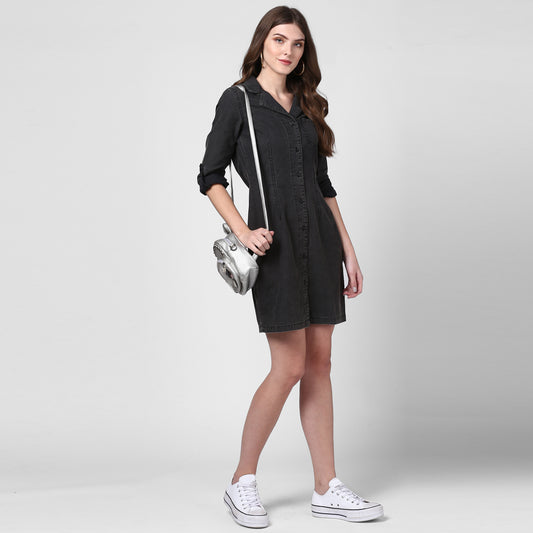 StyleStone Women's Black Denim Lapel Style Shirt Dress