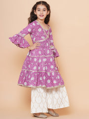cotton Woven Three-Quarter Sleeves Floral Print Flared Kurta And Sharara Set - Purple