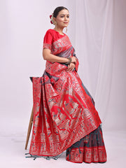 Banarasi Silk Saree with Zari Work - Wedding & Festive Traditional Saree | Temple Border & Royal Motifs | Soft & Shiny Silk Finish