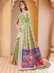 Floral Linen Cotton Saree with Zari Border & Digital Printed Pallu - Elegant Sari for Festive Occasions