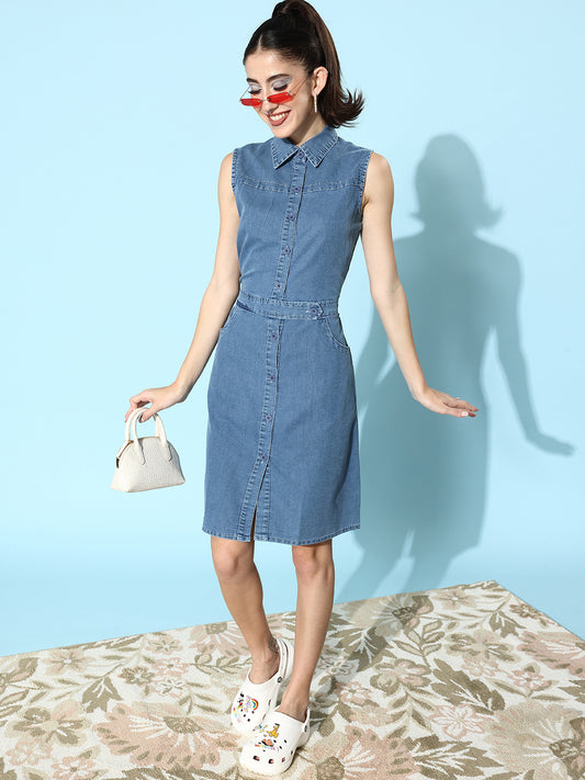 Women'sLight Blue Denim Dress with front button detail