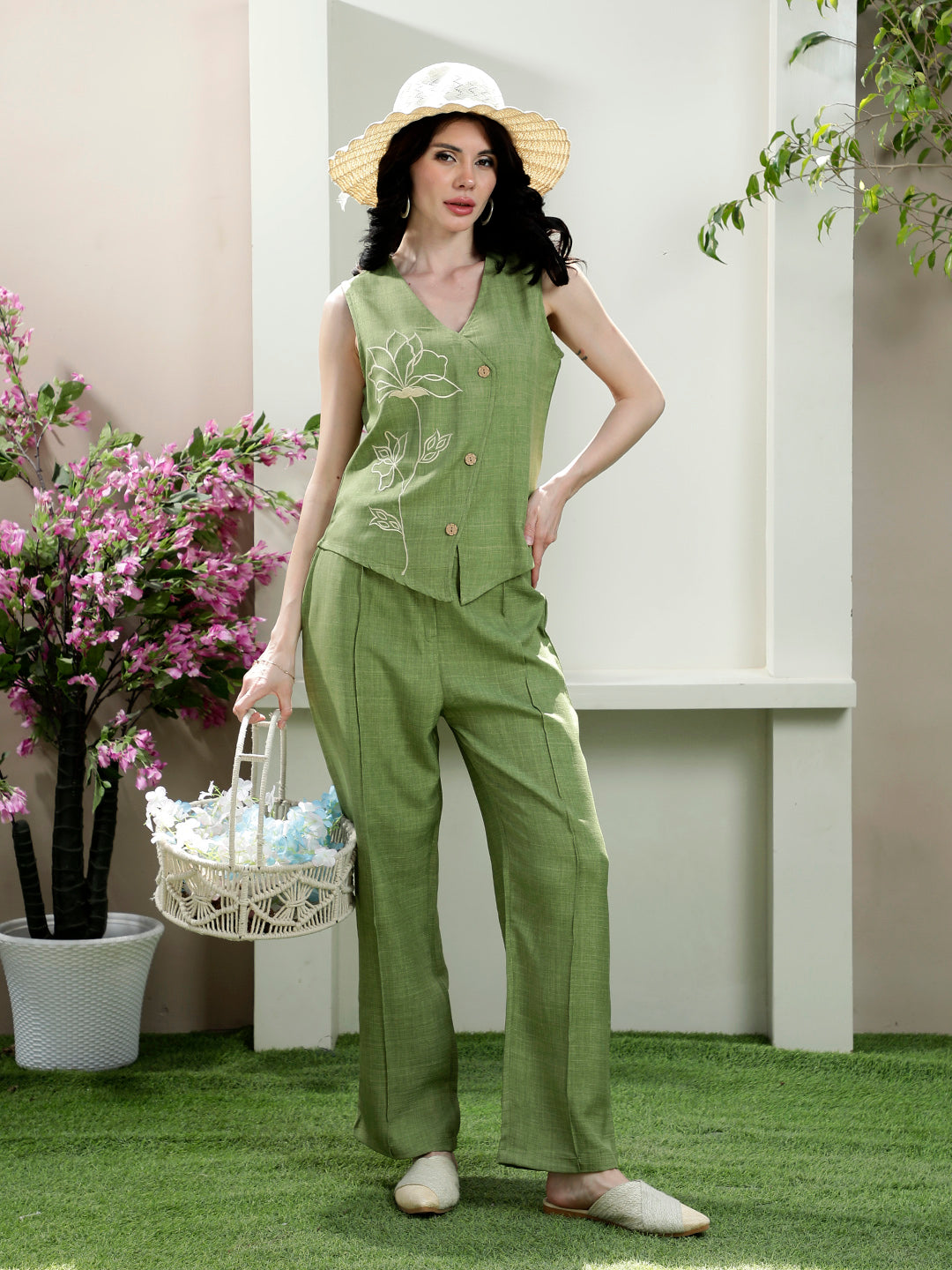 Embroidered V-Neck Waistcoat With Trousers Co-Ords