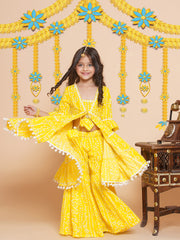 cotton Woven Three-Quarter Sleeves Bandani Print A Line Kurta And Sharara Set - Yellow