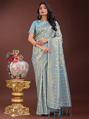 Elegant Light Green Linen Saree with Silver Zari Butta & Pallu – Daily Wear | Festive Look | Soft Feel