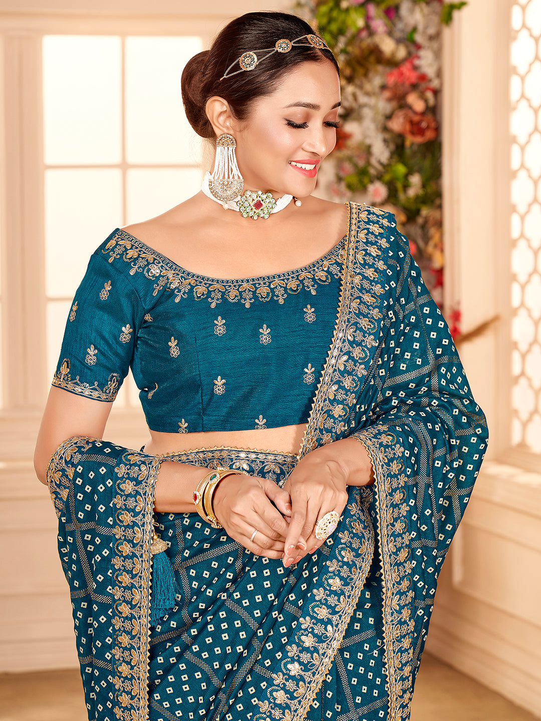 Women's Vichitra Silk Blue Embellished DesignerSaree With Blouse Piece