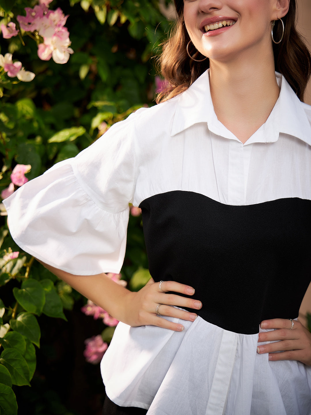White & Black Colourblocked Pure Cotton Peplum Top