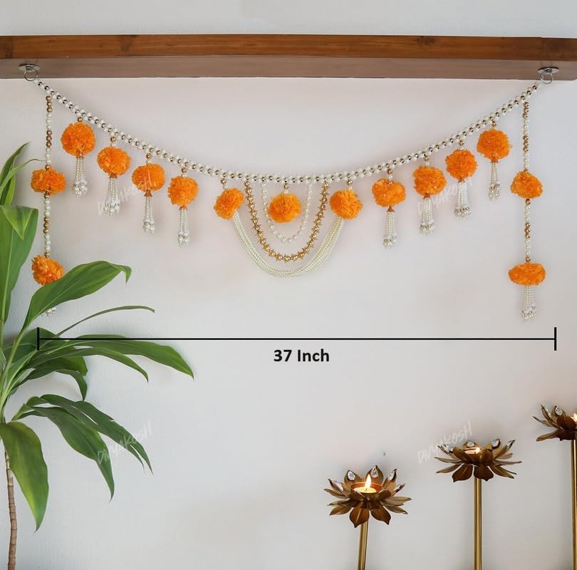 Fabric Marigold Flower With Moti Toran, Bandarwal Door Hanging, 94 Cm