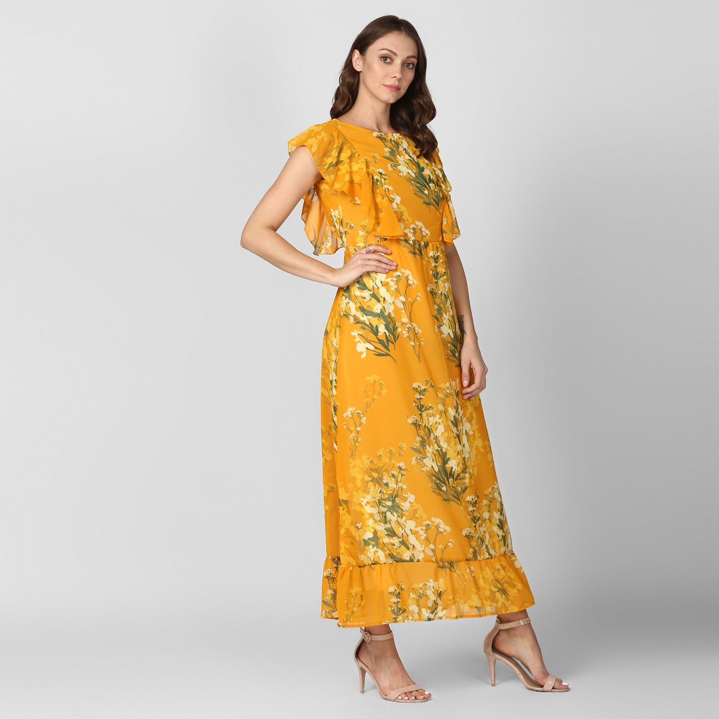 StyleStone Women's Yellow Printed Maxi Dress with Lining