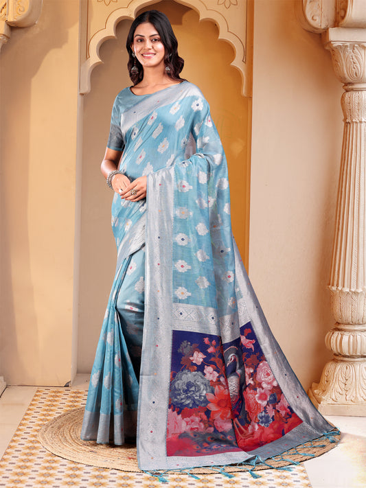Sky Blue Floral Linen Cotton Saree with Zari Border & Digital Printed Pallu – Elegant Sari for Festive Occasions