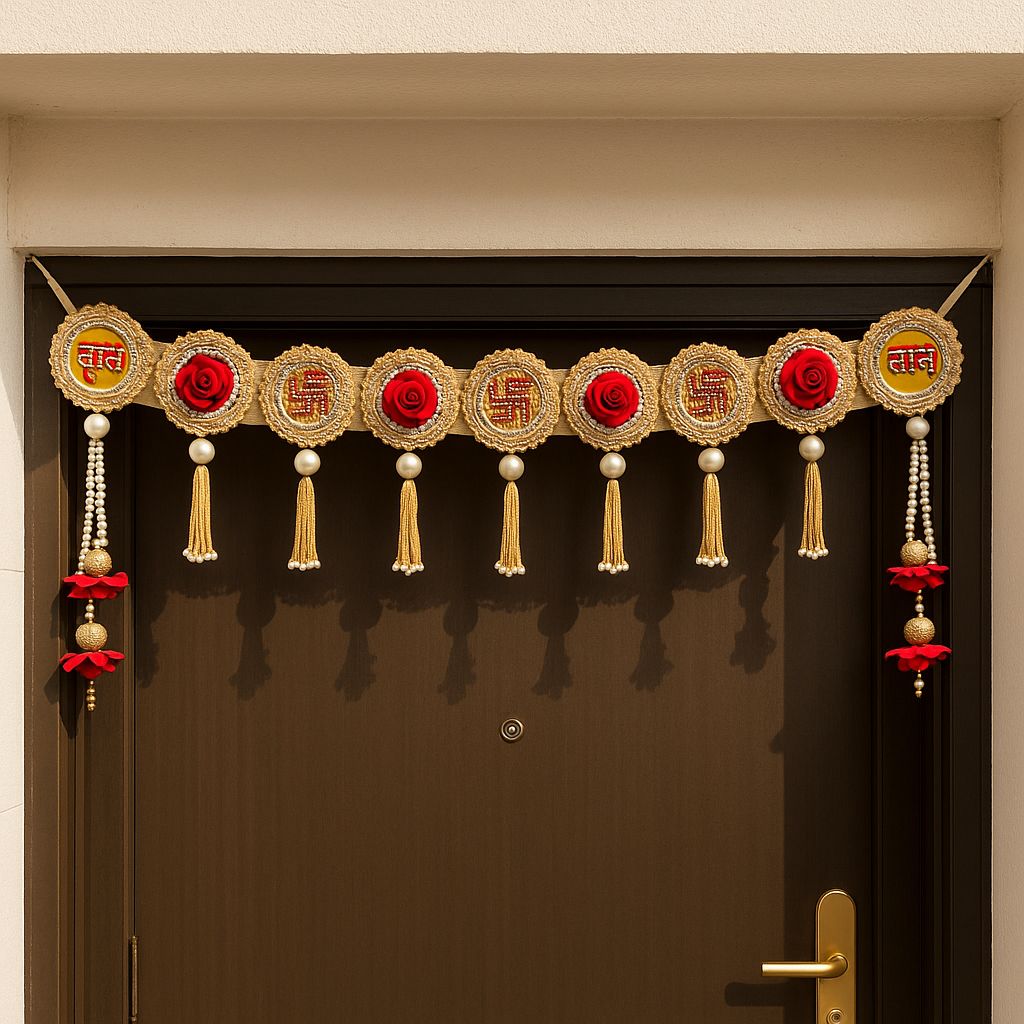 Traditional Handcrafted Toran Door Hanging with Red Roses, Gold Metallic Trim, Pearl Beads, Decorative Wall Decor for Indian Festivals
