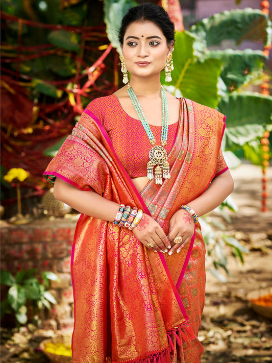 Kanjivaram Silk Saree for Women | Rich Zari Woven Pallu & Border | Traditional Bridal Saree | Perfect for Wedding & Festive Wear | Comes with Unstitched Blouse Piece