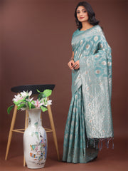Elegant Sea Green Linen Cotton Saree with Silver Zari – Perfect Blend of Comfort & Charm
