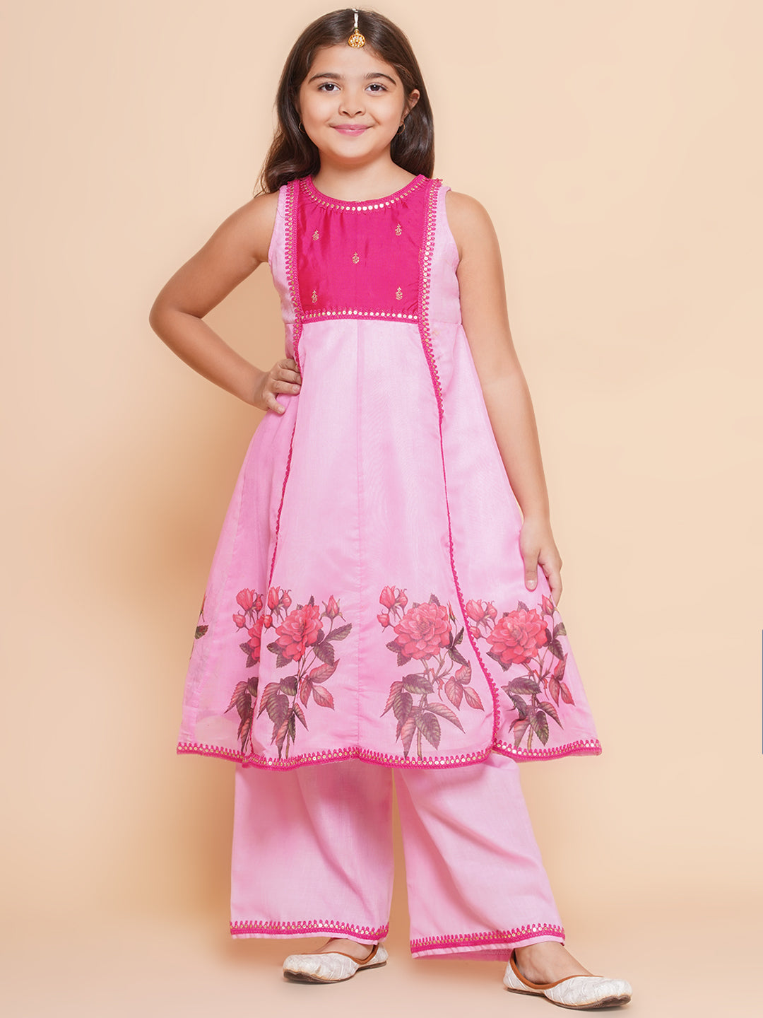 Girls Pink Floral Printed Kurta with Palzzzo