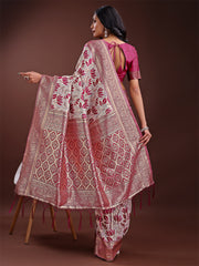 Stunning Beige & Red Linen Saree with Floral Print and Rich Zari Pallu – Festive & Traditional Wear