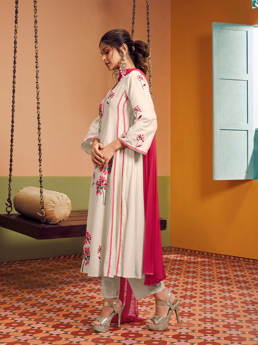 Off white colour Embroidered Anarkali Flared Kurta with Palazzos Dupatta.