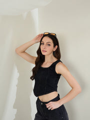 Women's Black Denim Corset Style Crop Top